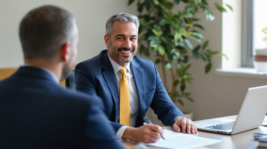 An image of an attorney and a client talking.