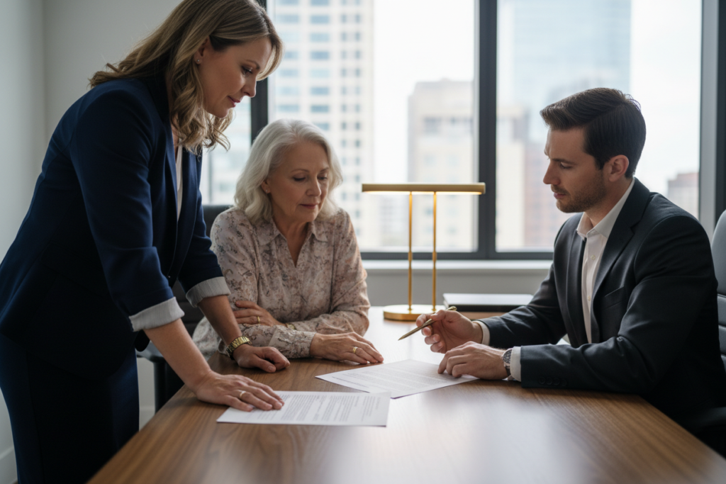 Mother and daughter speaking to an attorney
