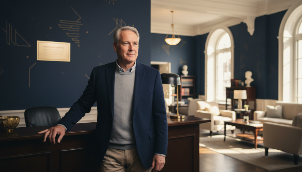 Welcoming lawyer in a navy suit