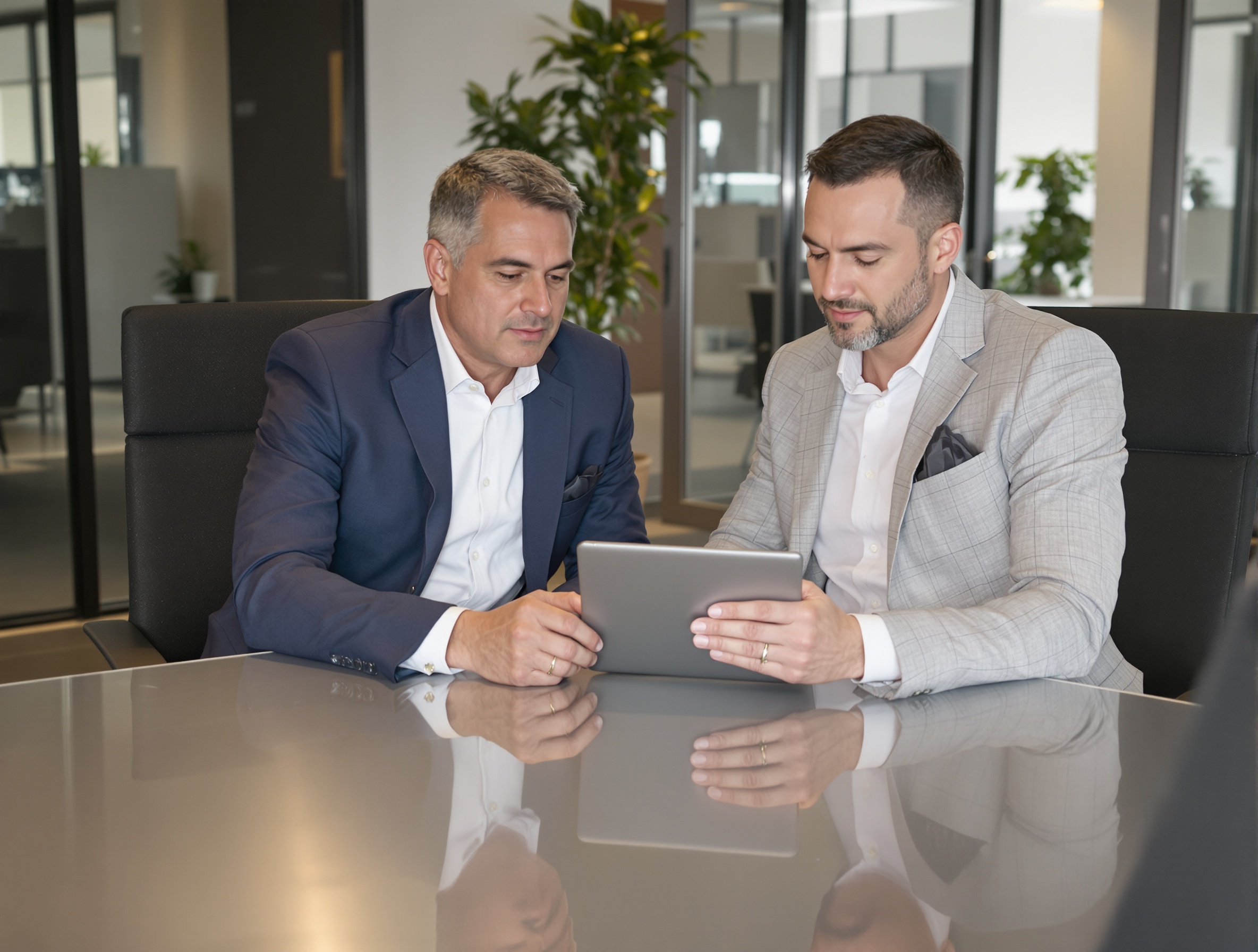 A professional entrepreneur and a legal consultant seated across from each other at a modern conference table, reviewing documents on a tablet in a bright, well-lit office space. The atmosphere conveys collaboration and strategic planning.