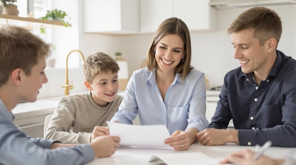 Family sat at a table, estate planning