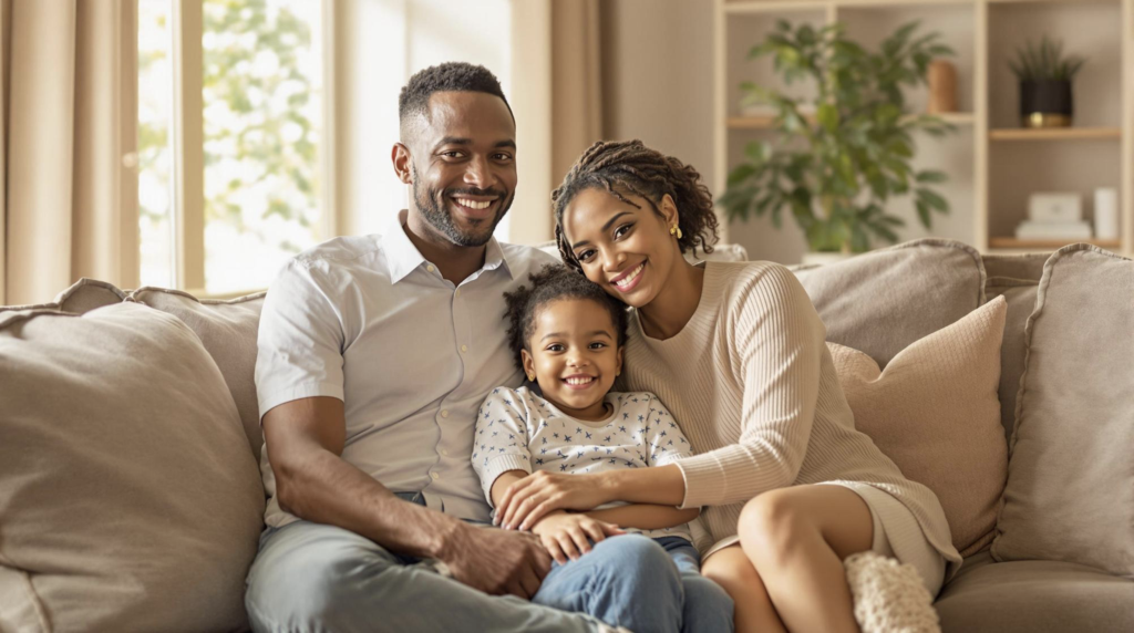 Family of three sat on a couch