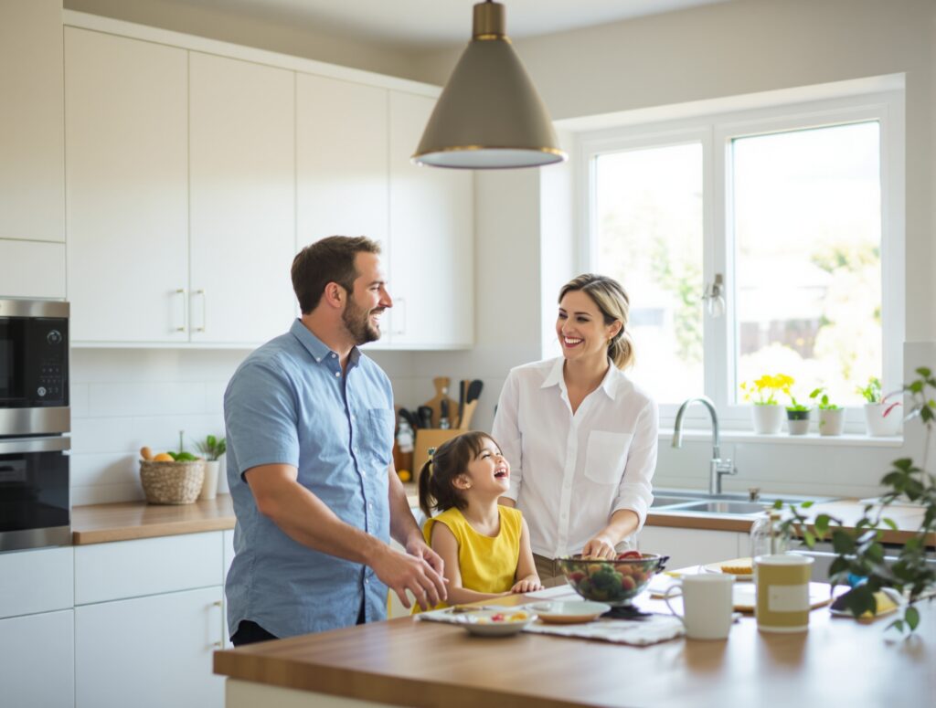 A family in their kitchen in the morning
