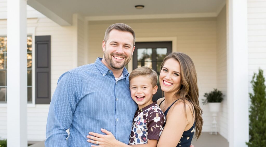 Family standing in front of a new home