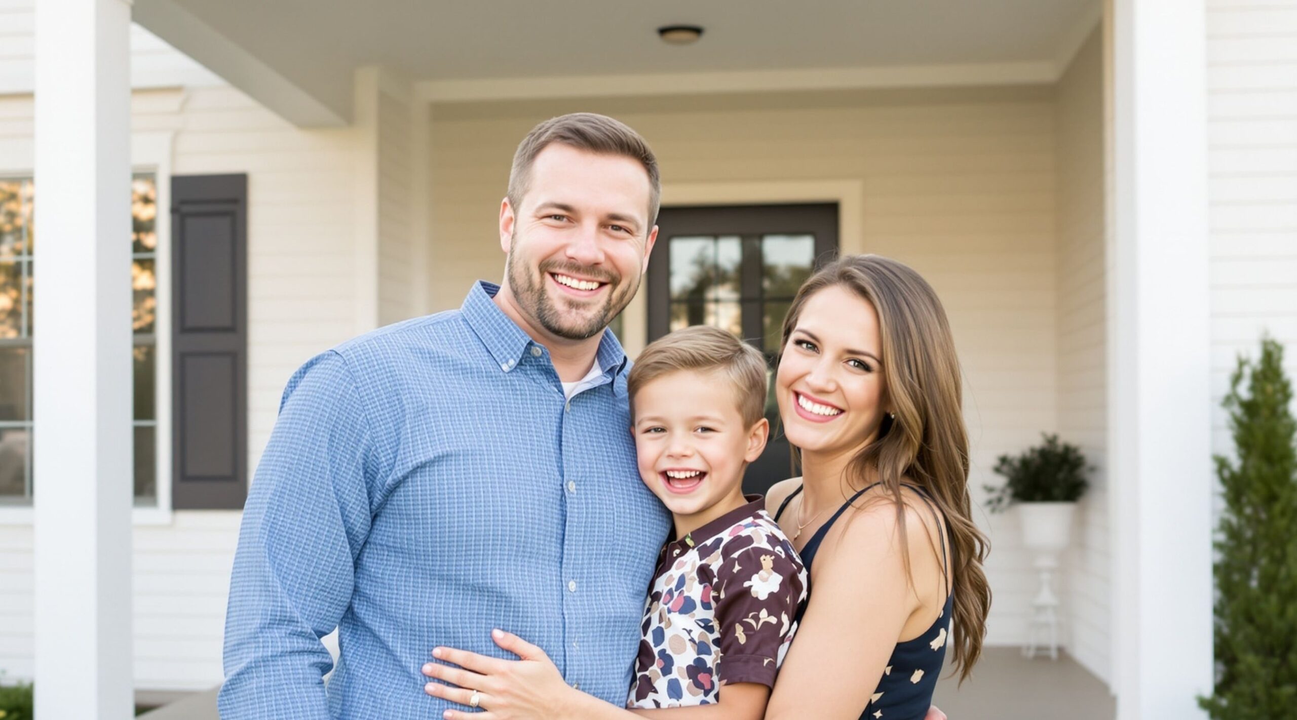 Family standing in front of a new home