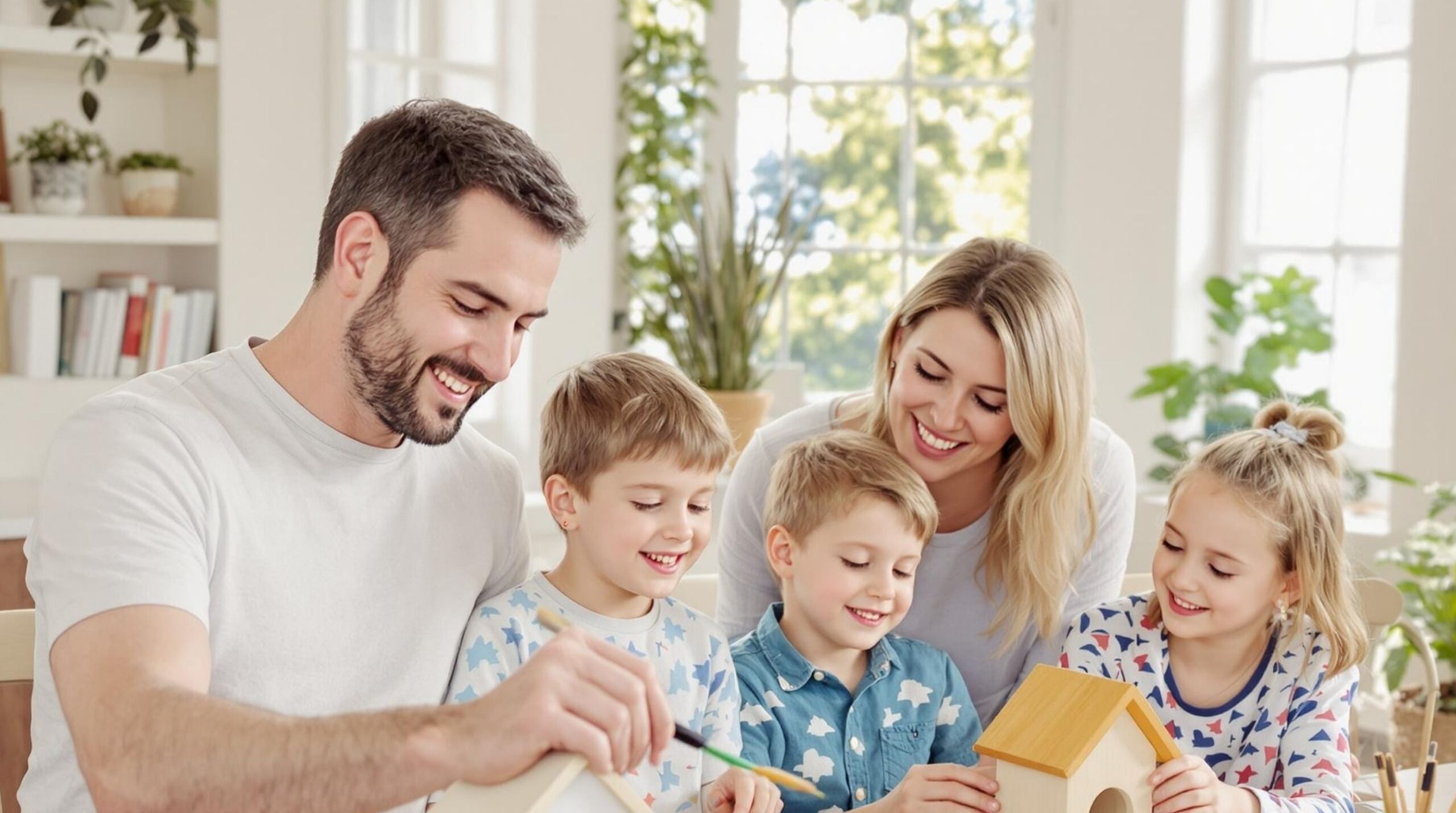 Family painting a bird house