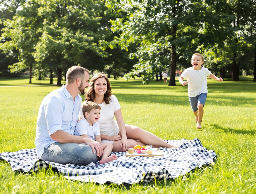 A family having a picnic in a sunny park