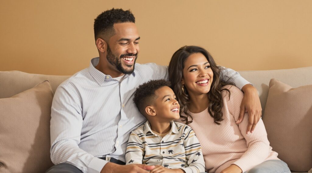 Family sat together in a living room