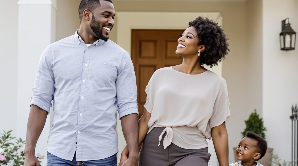 Family walking out of the house