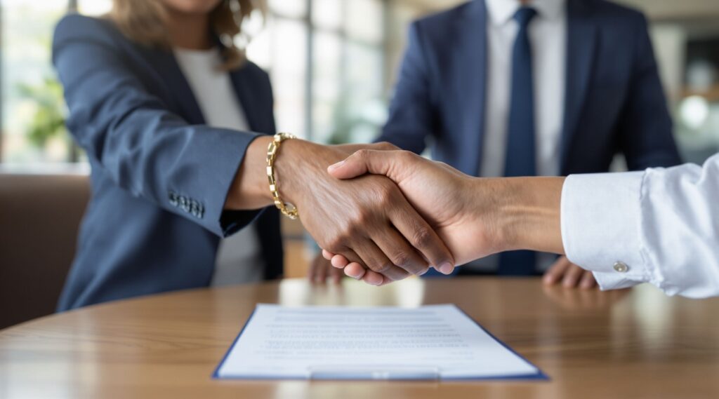 A handshake over some paperwork