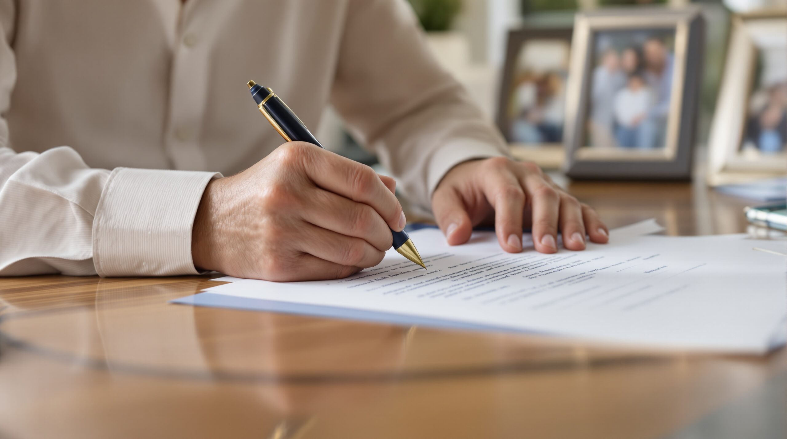 Person updating a legal document at a dining room table