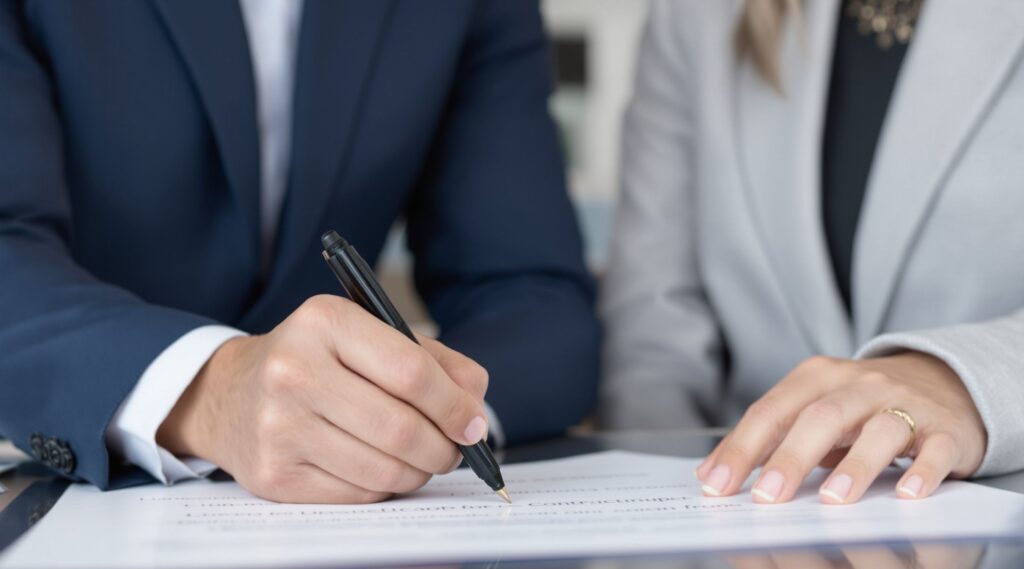 A lawyer and client signing a contract