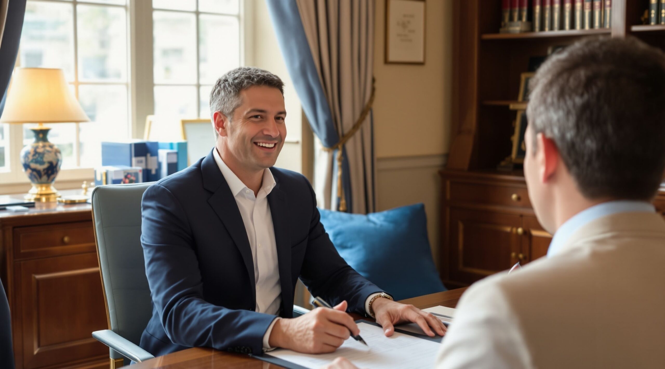 A lawyer talking to a client in an office