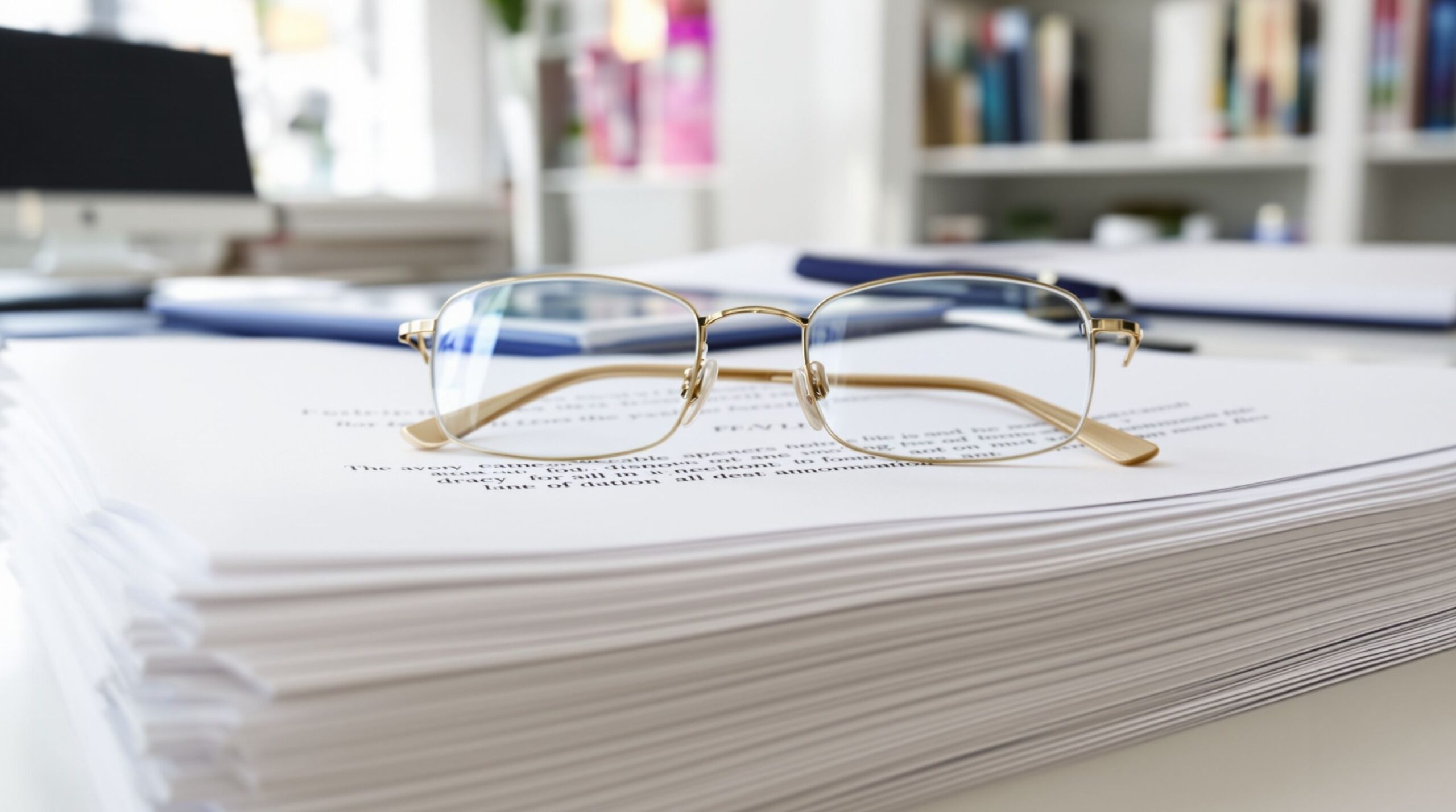 Reading glasses on a stack of documents