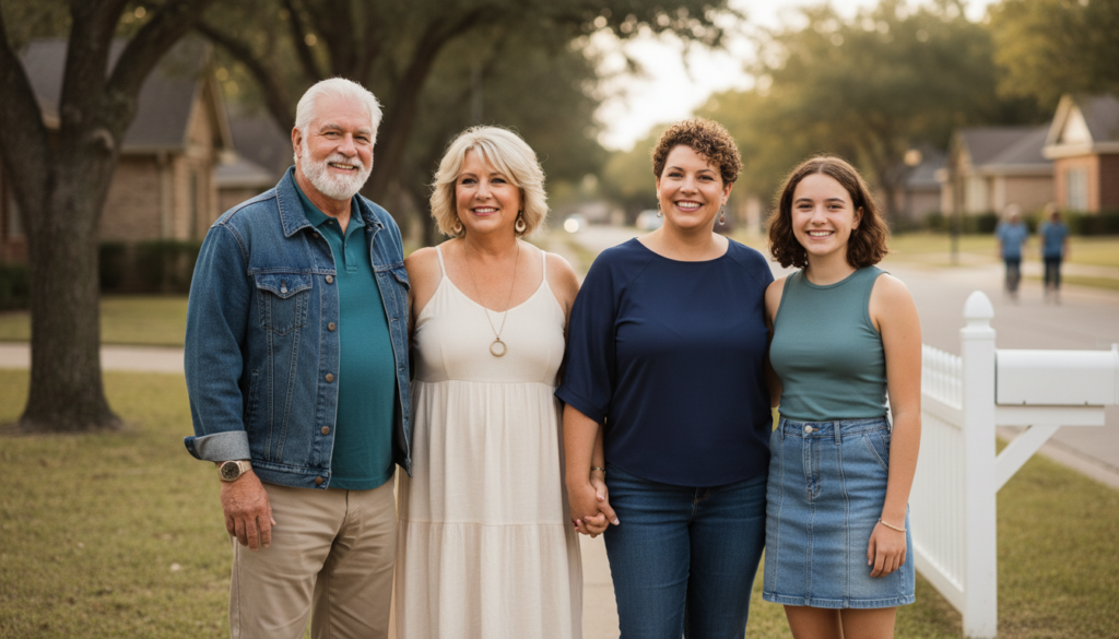 Suburban family stood by a mail box