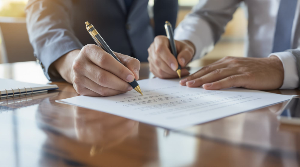 Two hands singing a piece of paper