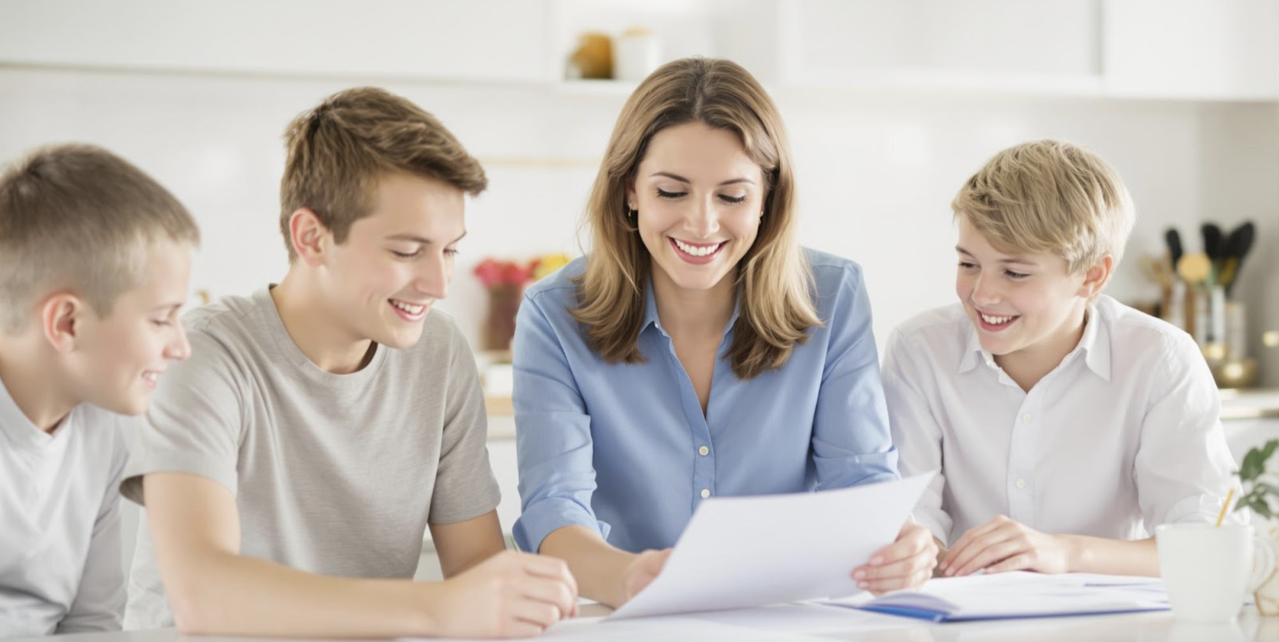 A woman and her sons sat at a kitchen table