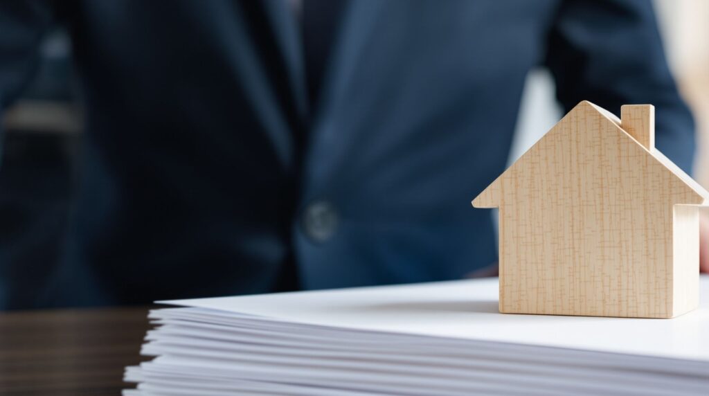 Small model house on a stack of documents