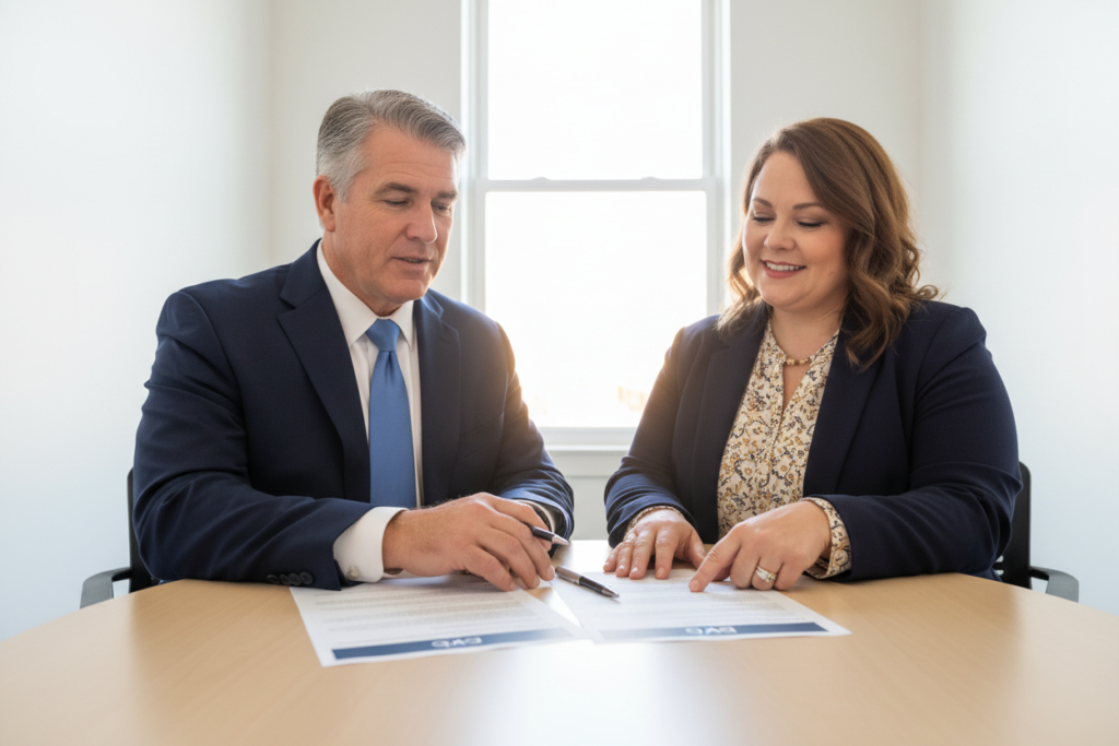 An attorney and business owner reviewing a document