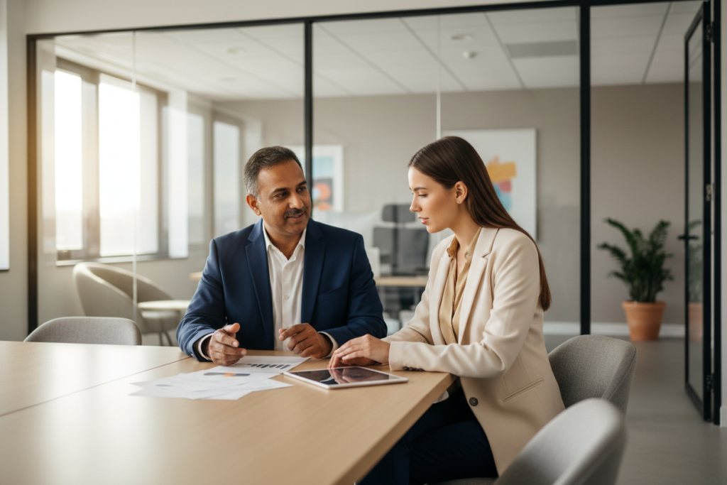 A client and attorney reviewing documents