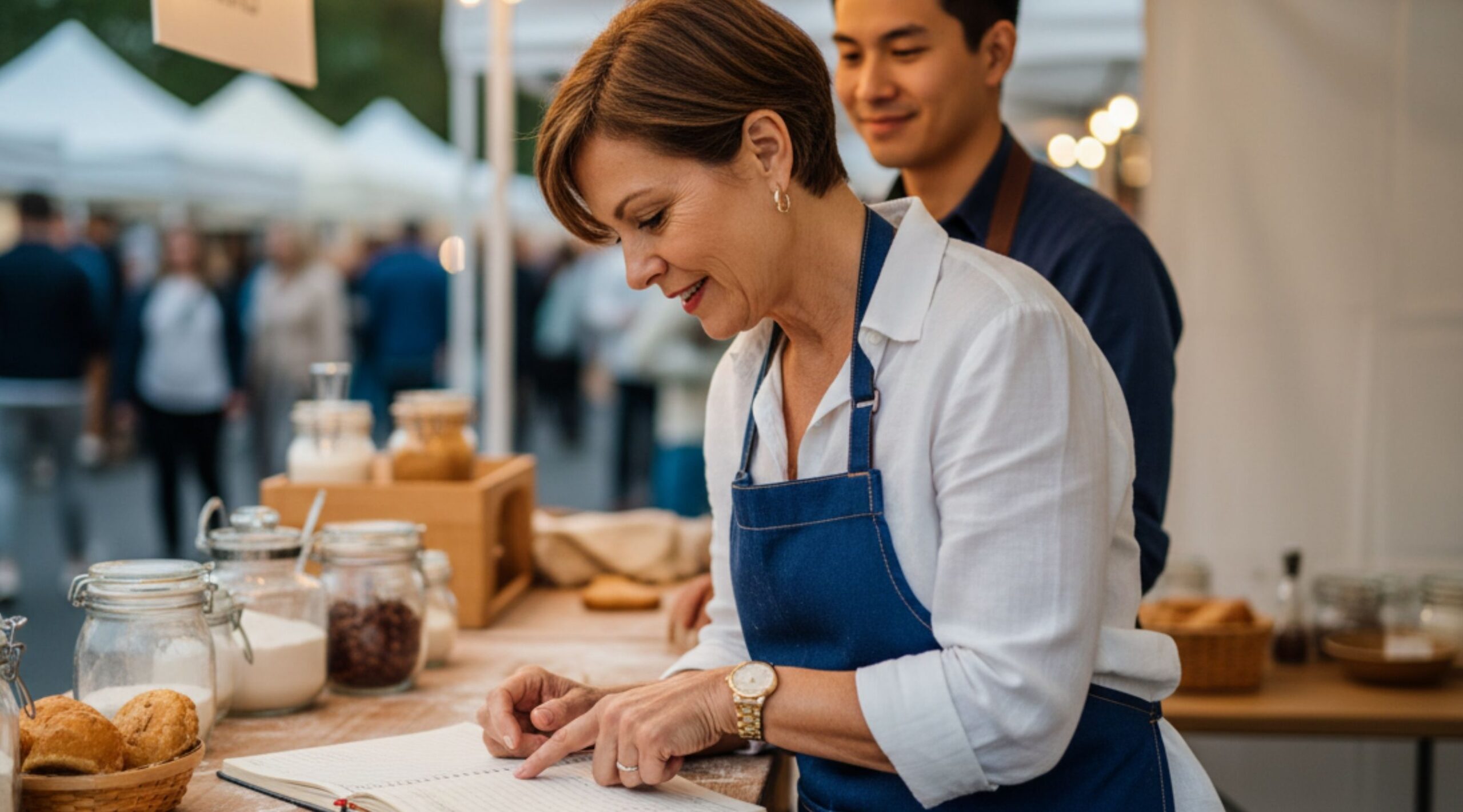 A bakery owner in an outdoor market