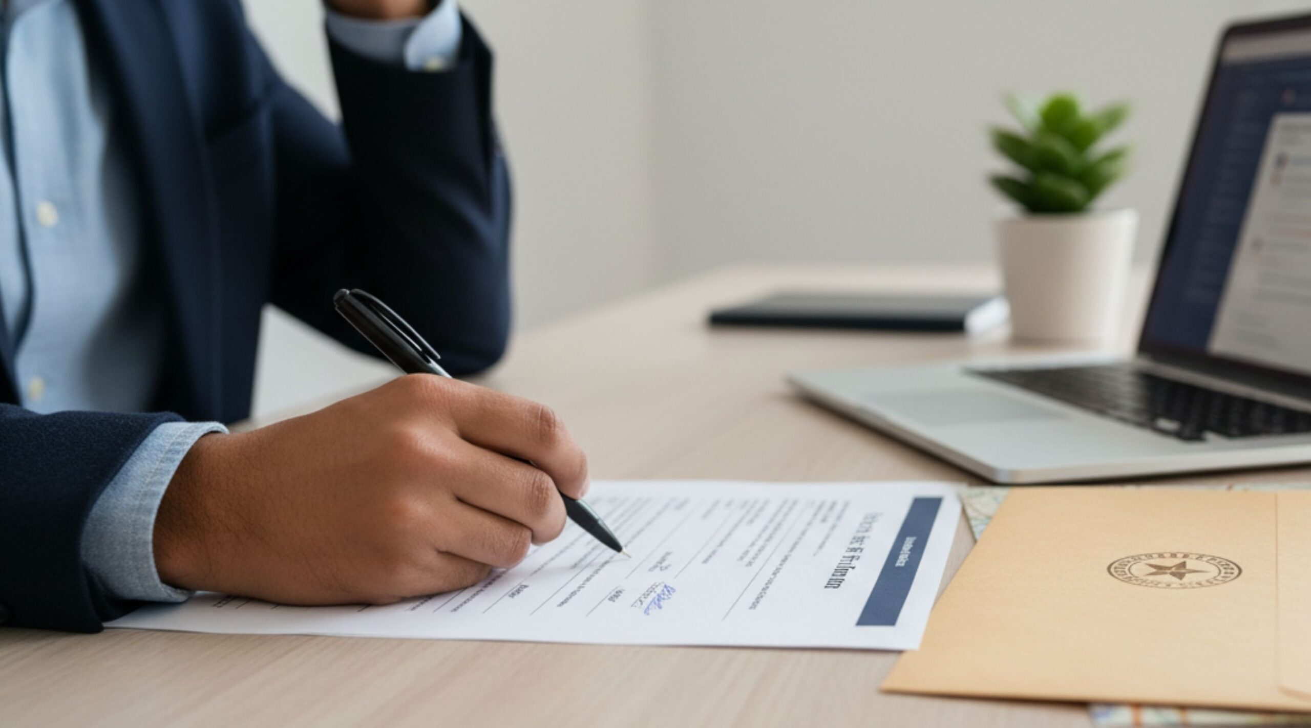 A professional signing a document
