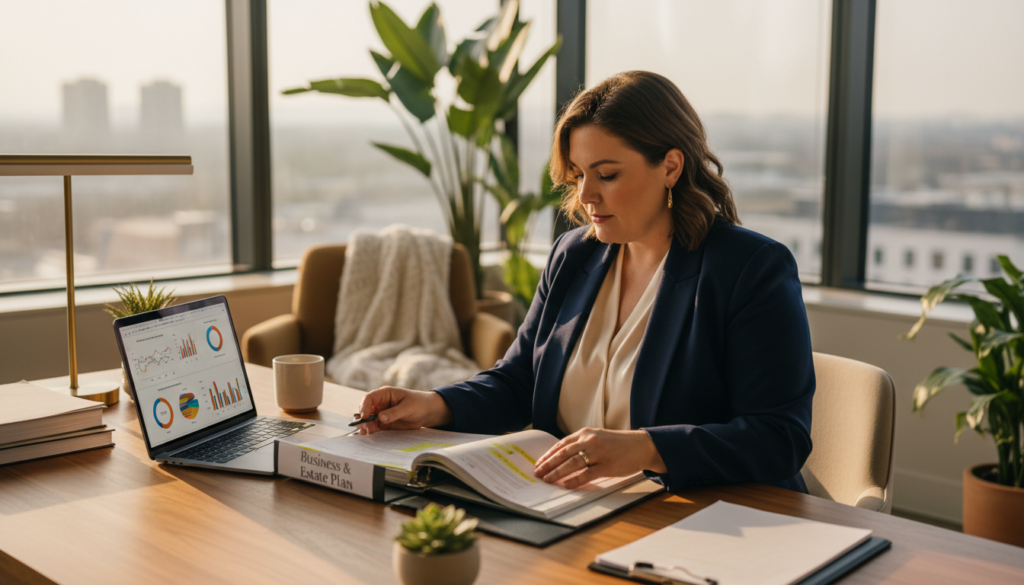 An entrepreneur reading an estate plan in a sunny office