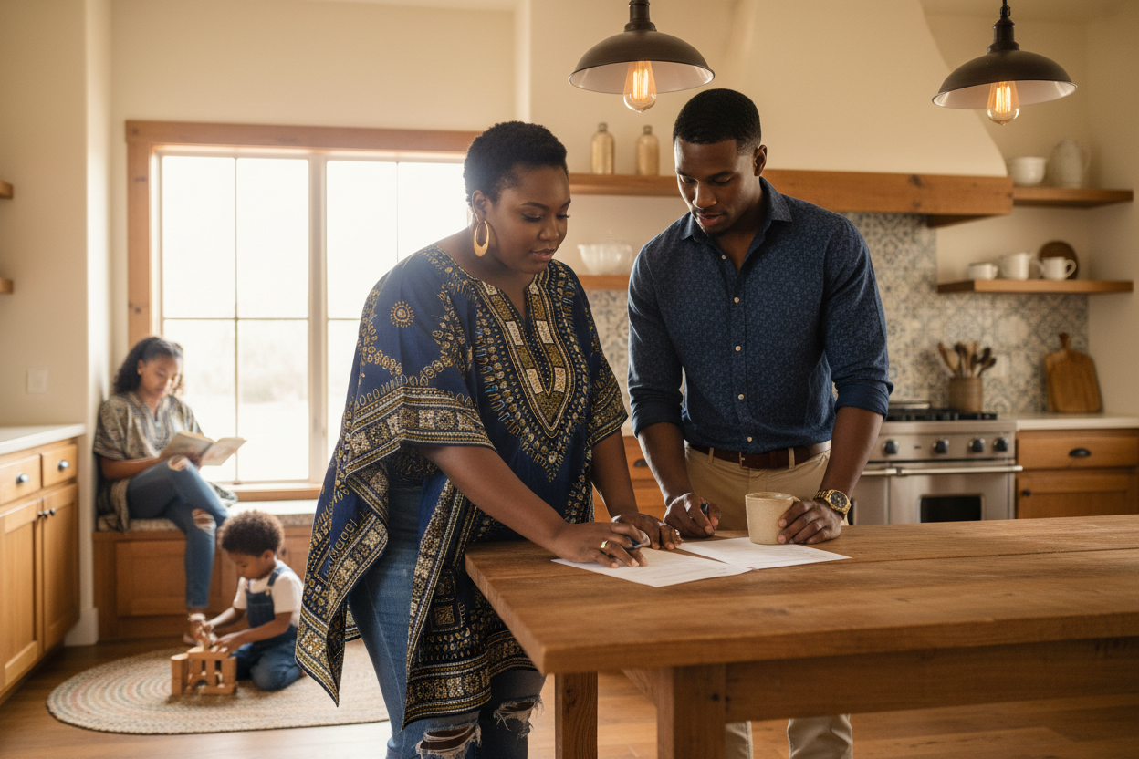 A family reviewing papers at their kitchen table