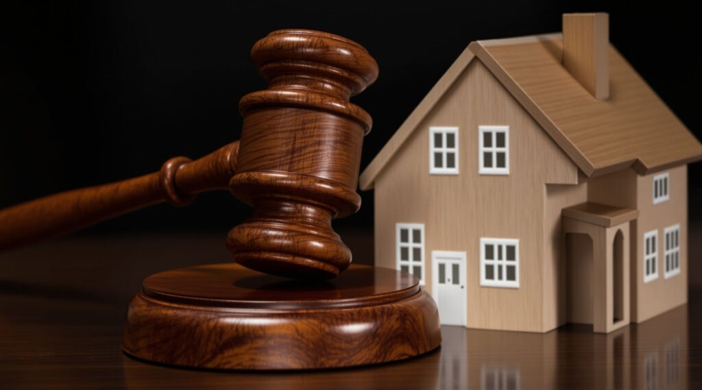 A miniature home behind a gavel