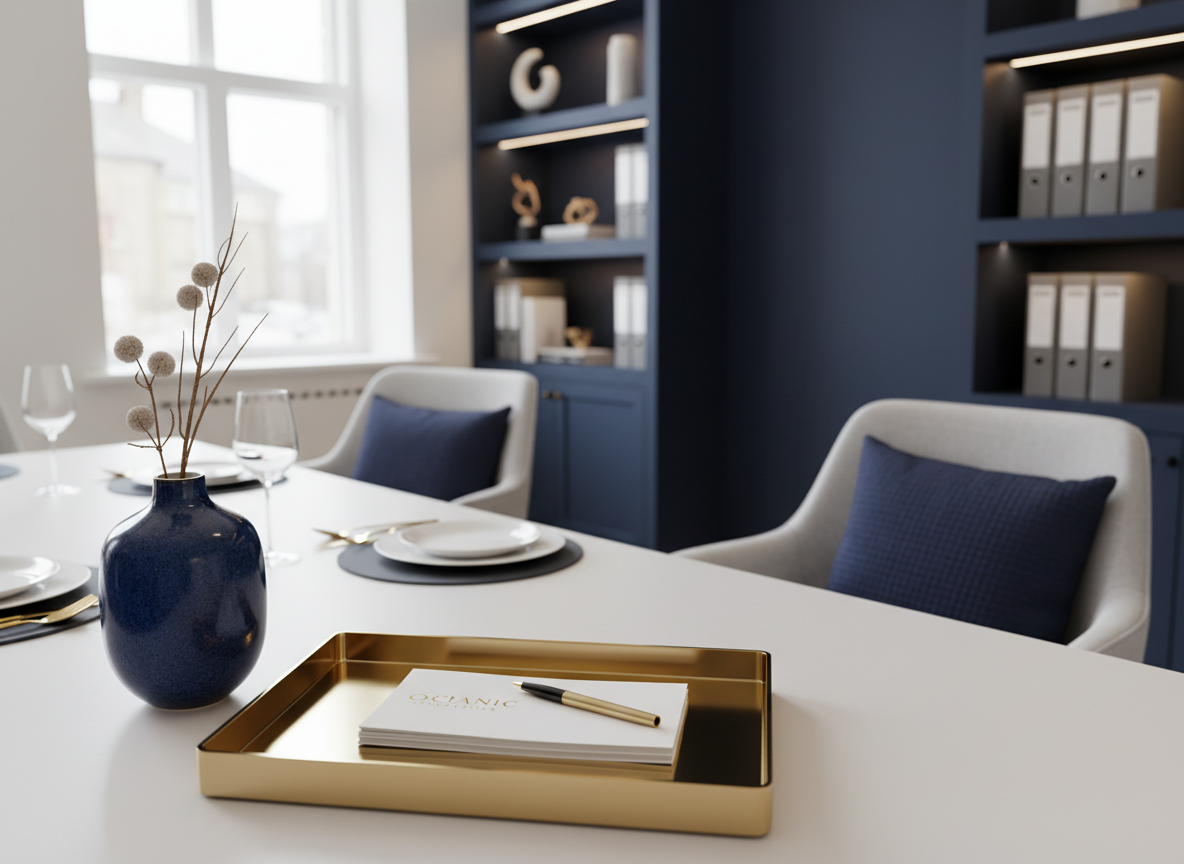 A reception desk with navy and gold accents