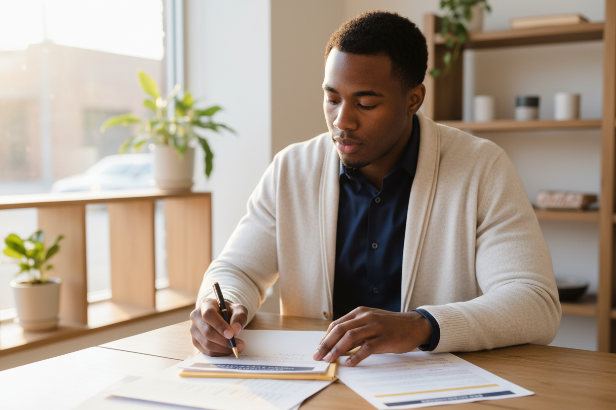 A small business owner reviewing documents