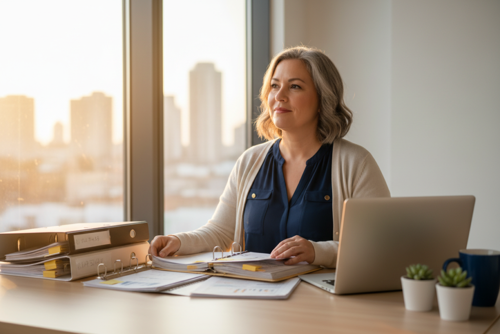 A business owner reviewing files