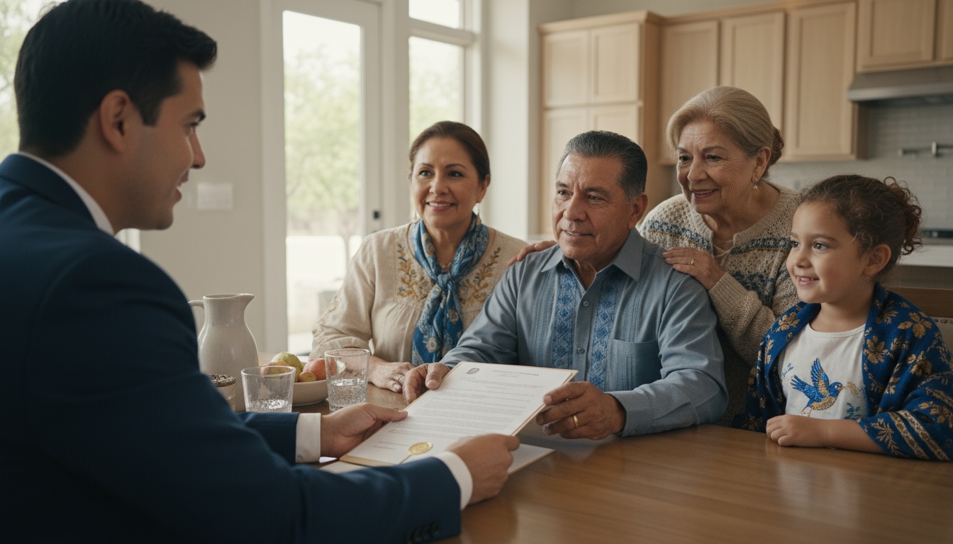A family in their kitchen with an attorney