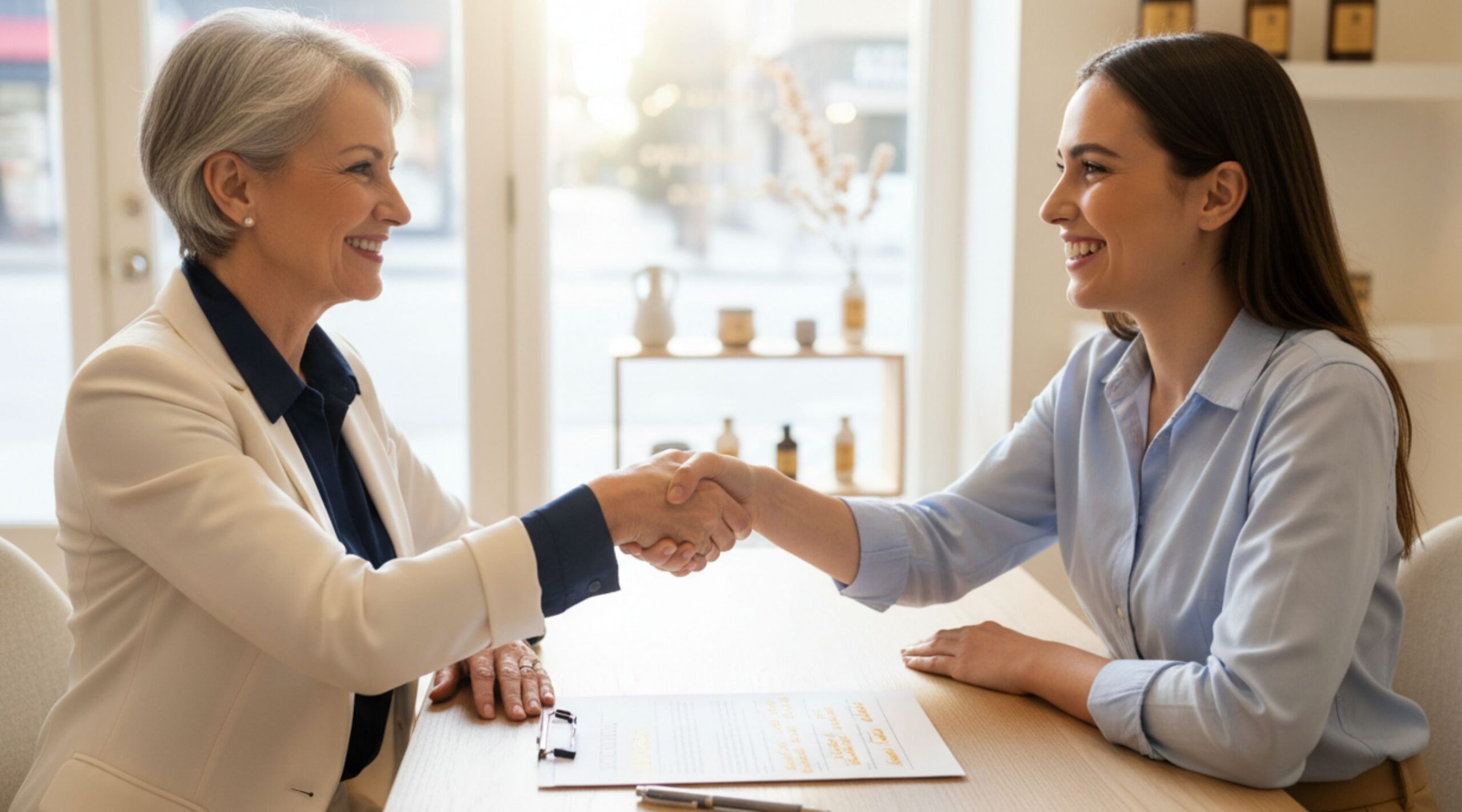 Business owners shaking on a contract