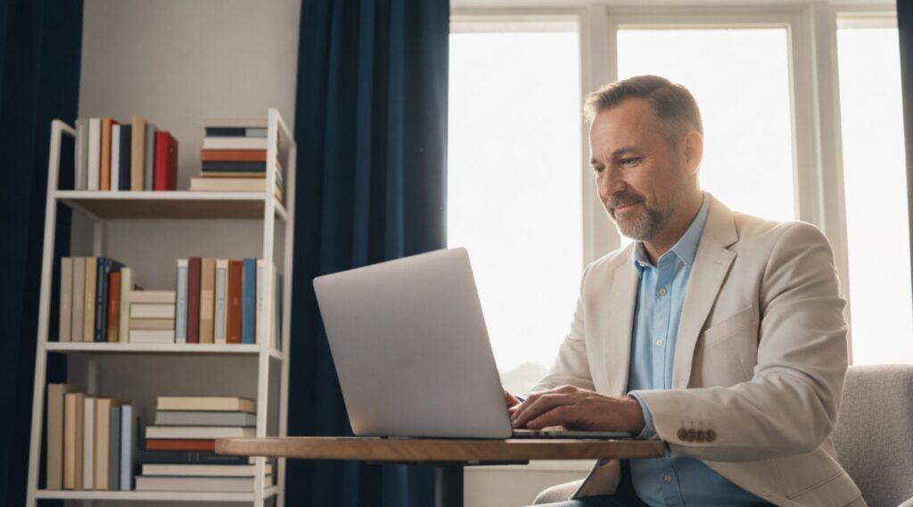 A business owner working on a laptop