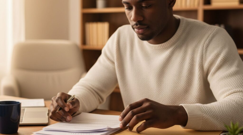 Legal documents being signed in a home office