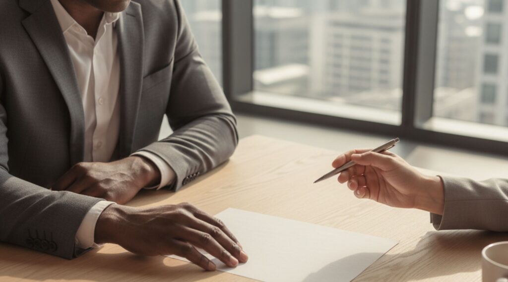 Consultant and client signing a document
