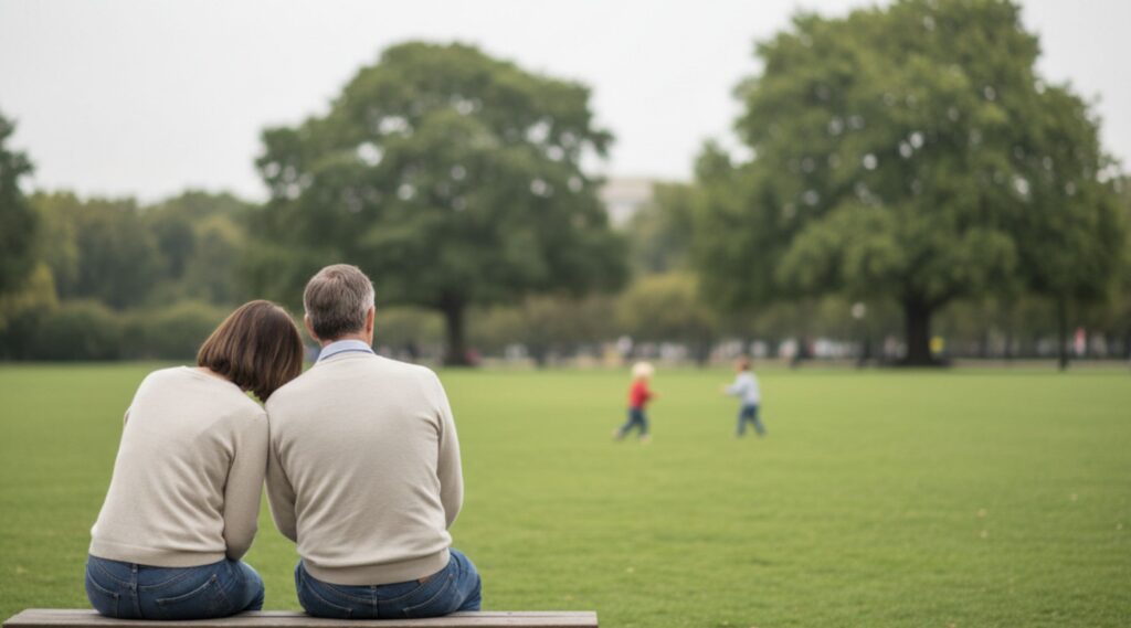 A couple on a bench in a park