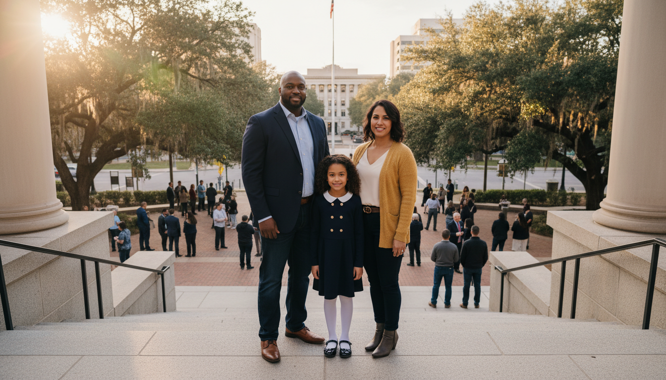 A family stood on courthouse steps