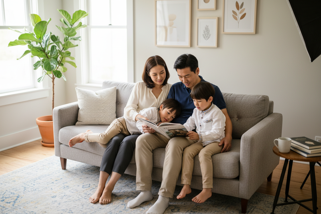 A family reading in their living room