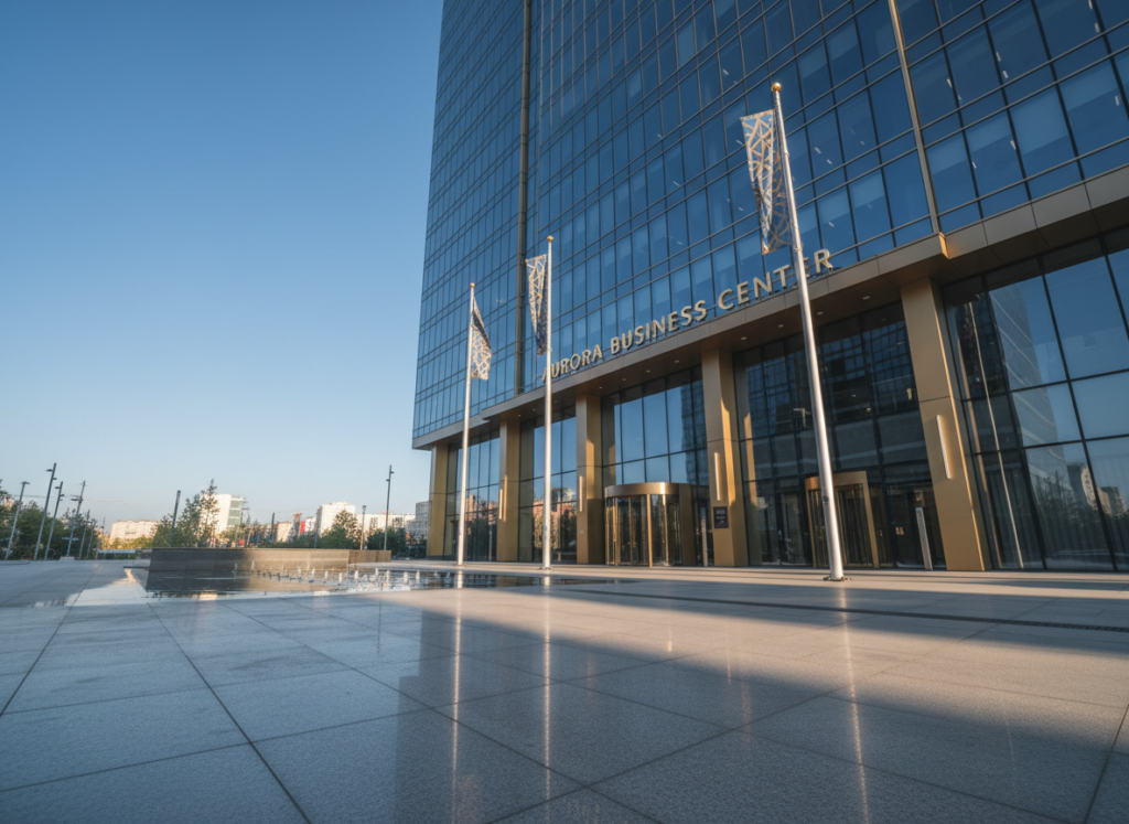 A modern office at golden hour
