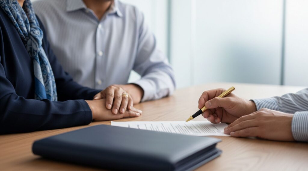 A notary and business owner signing documents