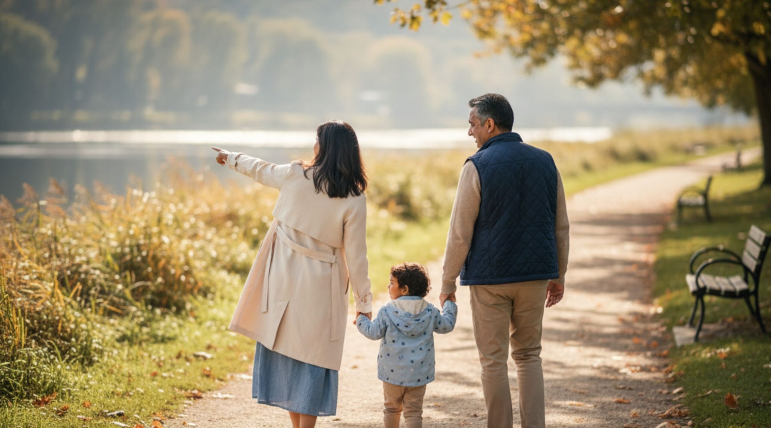 Parents walking down a riverside with their child