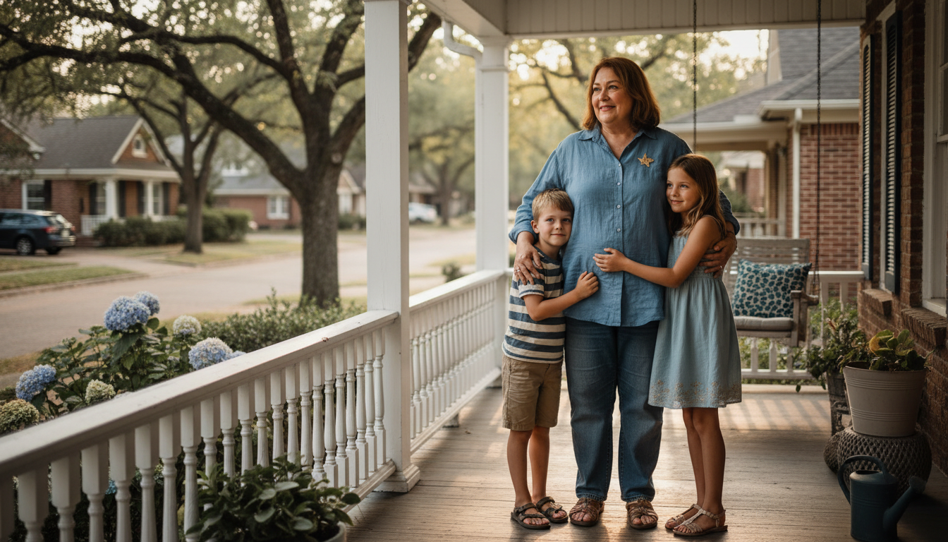 A family embracing on their porch in Texas
