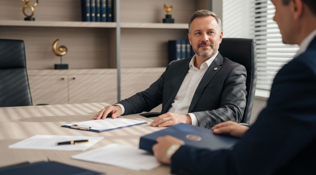 A small business owner signing documents in a meeting