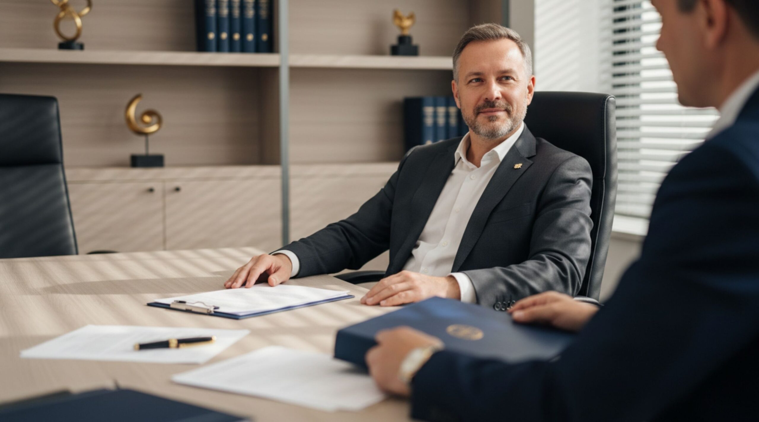 A small business owner signing documents in a meeting