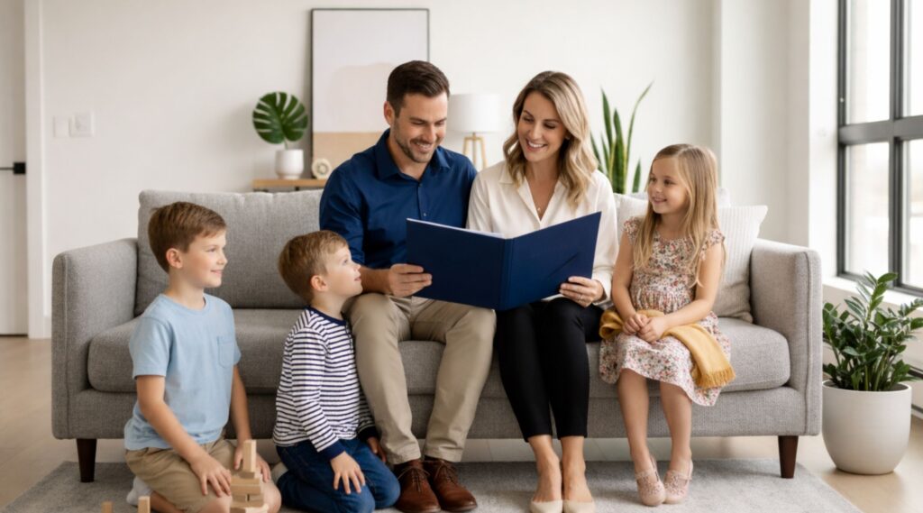 A family sat on a sofa estate planning