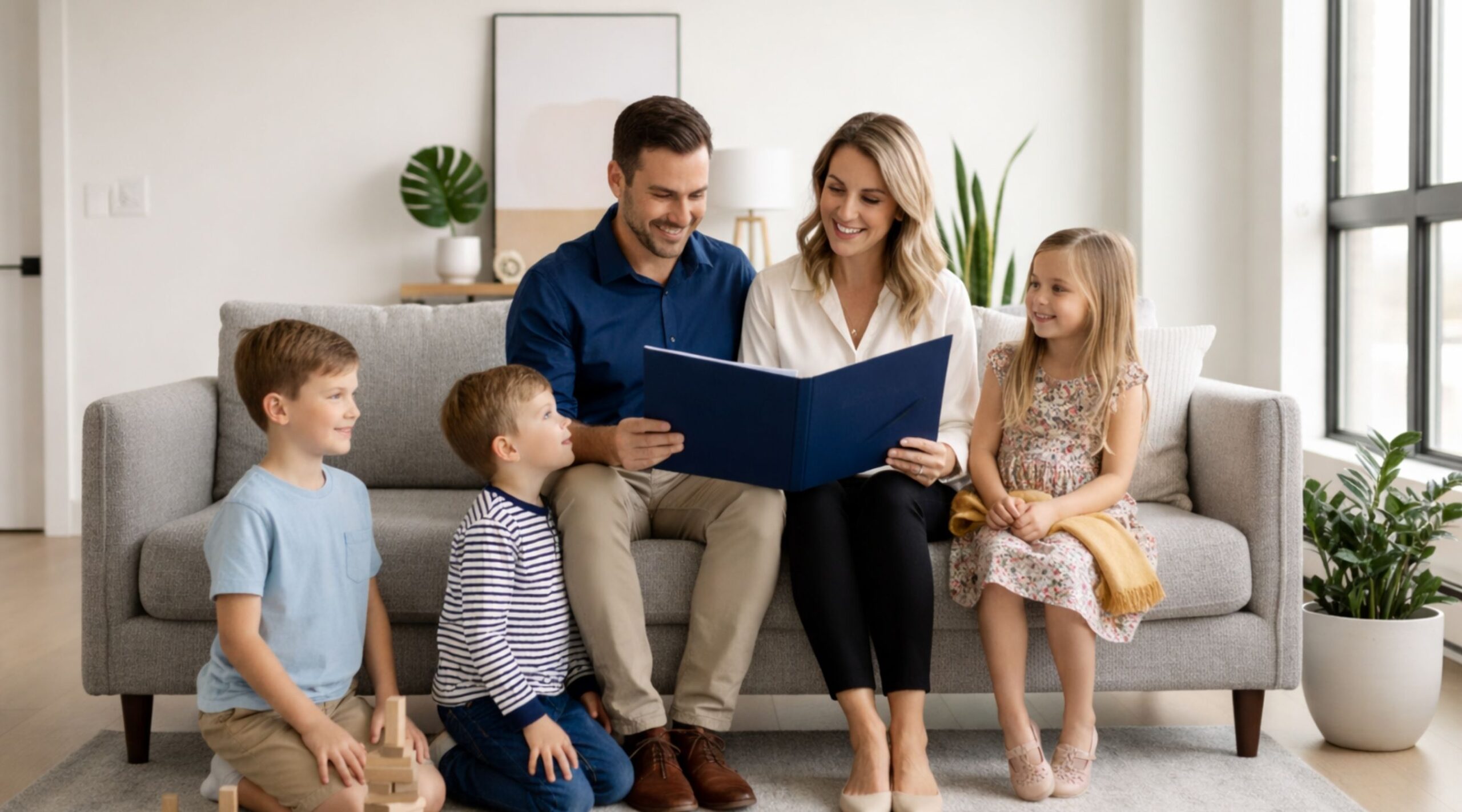 A family sat on a sofa estate planning