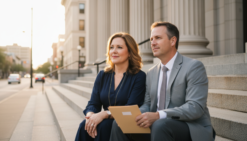 Expert Business Law Advice: Avoiding Legal Pitfalls in Your Company 3 Couple sat on a Texas court house steps
