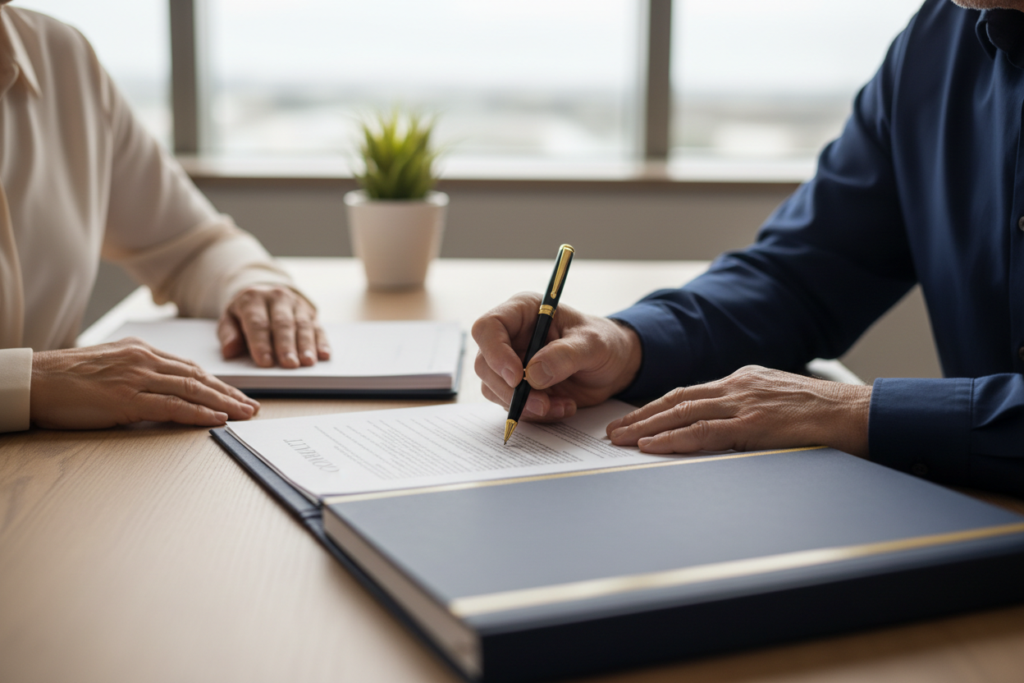 Client and attorney signing a contact